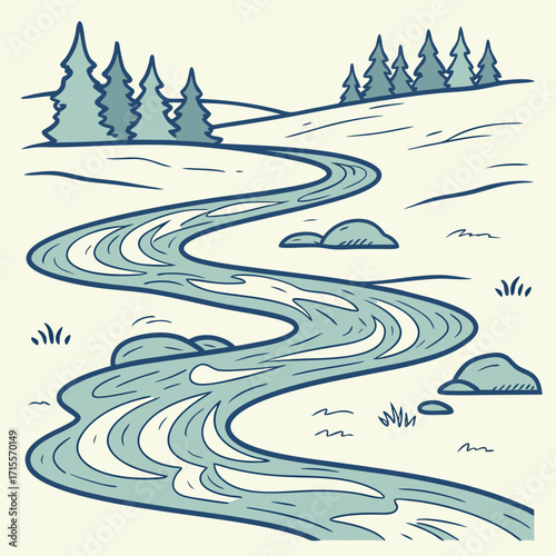 Vector art of a serene river flows through a picturesque landscape with trees and rocks, capturing the tranquility of nature, the scene evokes peace