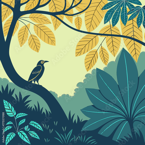 Vector art of a serene vector illustration showcases a bird perched on a branch amidst lush foliage, with golden leaves and teal plants creating a harmonious natural scene in a square format