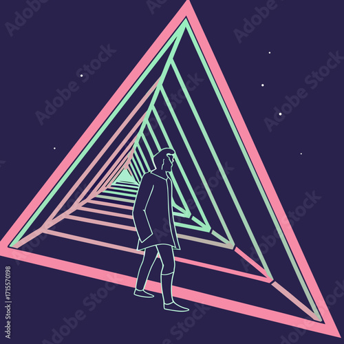Vector art of a solitary figure contemplates the entrance to a triangular tunnel, its pink and green hues creating a sense of mystery and wonder, inviting viewers to explore the unknown