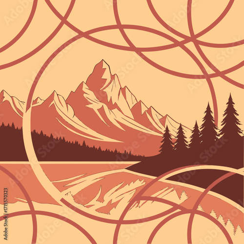 Vector art of a stylized mountain landscape illustration features a serene lake reflecting the majestic peaks, framed by abstract circular patterns, creating a harmonious blend of nature and art