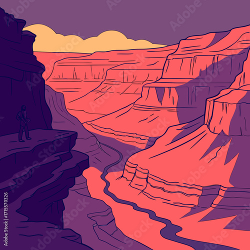 Vector art of a stylized vector illustration of the grand canyon at sunset, featuring a lone figure on a cliff, capturing the vastness and beauty of the natural landscape