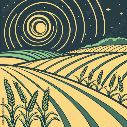 Vector art of a stylized vector landscape depicting rolling hills, wheat fields, a distant forest, and a swirling celestial body in the night sky, evoking a sense of rural beauty