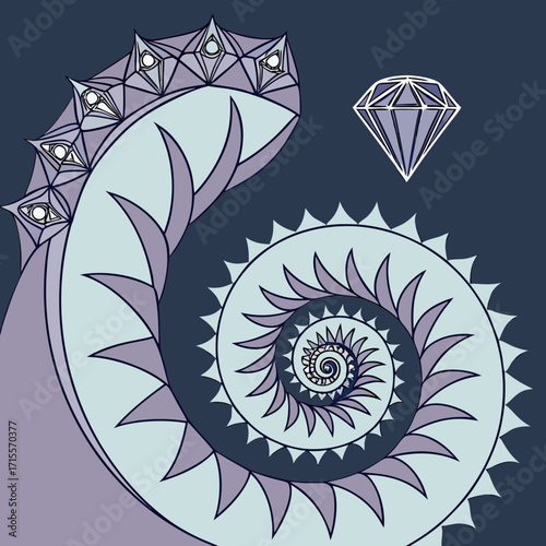 Vector art of a stylized nautilus shell with diamond accents on a dark blue background, showcasing the golden ratio and fibonacci sequence in an artistic composition