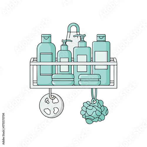 Line drawing of bathroom products on a wall-mounted rack with a soap and a loofah against a clean white background.