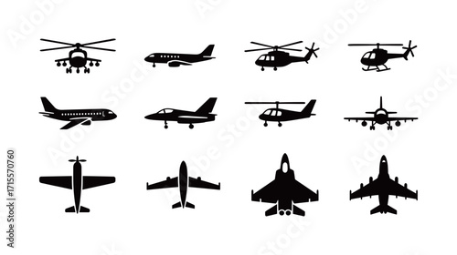 Set of different types of aircraft silhouettes, including airplanes and helicopters. Black and white vector icons isolated on white background.