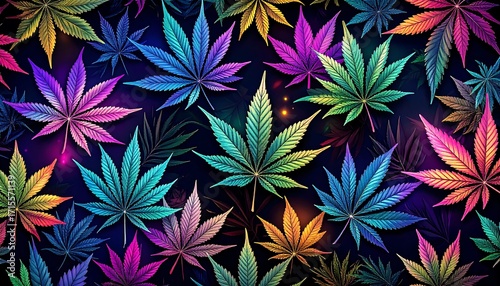 A vibrant illustration features numerous cannabis leaves in a spectrum of neon colors against a dark backdrop