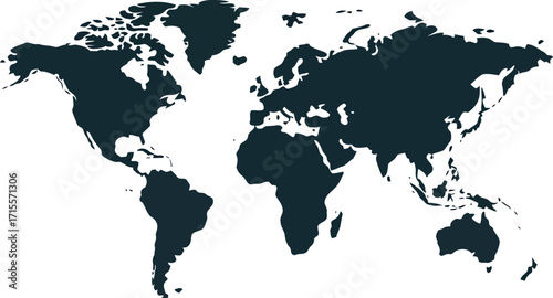 Global map continent shapes dark blue teal isolated white vector