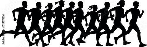 Athletic runners marathon race dynamic movement silhouette group sprinting competition outdoor sport vector