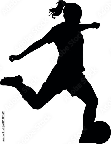Woman soccer player silhouette kicking ball action dynamic motion vector