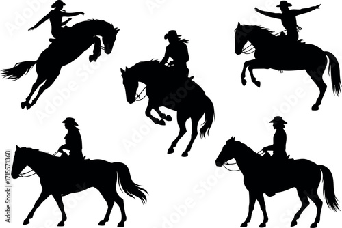 Silhouette cowboy horse riding rodeo action dynamic poses western lifestyle vector