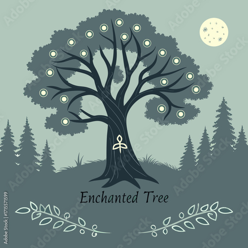 Vector art of an enchanted tree stands illuminated by glowing orbs under the moonlight, surrounded by a mystical forest, creating a magical and whimsical atmosphere, with the words enchanted tree