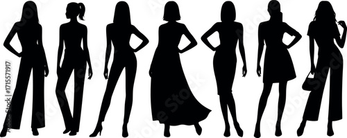 Diverse female fashion silhouettes stylish women poses elegant outfits for commercial use vector