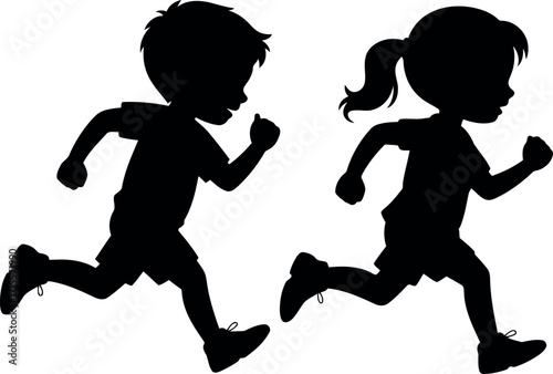 Active children silhouette running together outdoors kids fitness fun playful movement vector