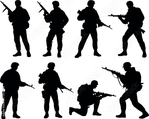 Silhouette soldiers with rifles set military action poses ready for combat vector
