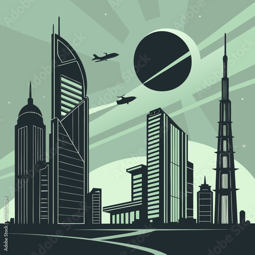 Vector art of futuristic cityscape with towering skyscrapers, flying vehicles, and a large celestial body, creating a science fiction atmosphere in a stylized, minimalist illustration