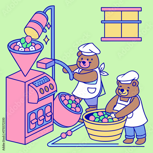 Vector art of in a whimsical candy factory, two bear chefs oversee the production line, one pouring sweets into a machine while the other sorts them into baskets, ensuring a delightful treat