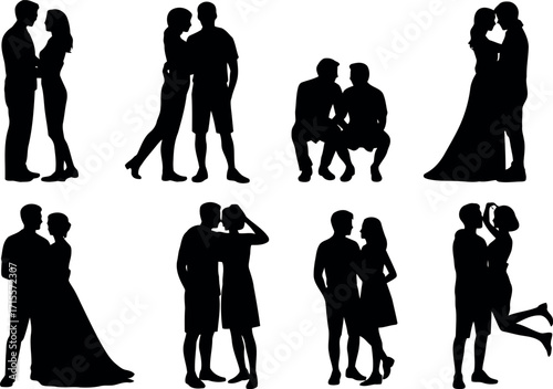 Romantic couple silhouettes romantic embrace wedding kiss love couple silhouettes passionate kiss hugging couple silhouette romantic wedding celebration silhouette vector
