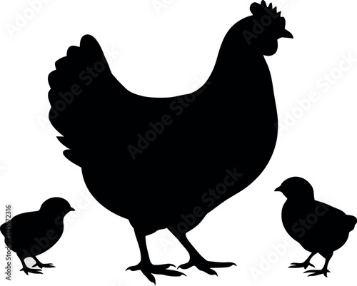 Mother hen and chicks silhouette family farm animal nature symbolism icon graphic design vector