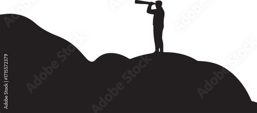 Minimalist Silhouette of Person on Hilltop Using Telescope with Mountain Landscape