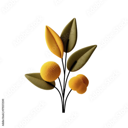 Abstract botanical illustration with textured yellow pompom flowers and olive green leaves