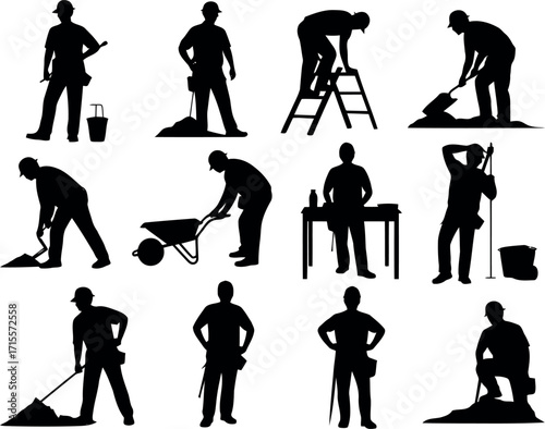 Construction worker silhouettes diverse manual labor poses outdoor building site activity vector