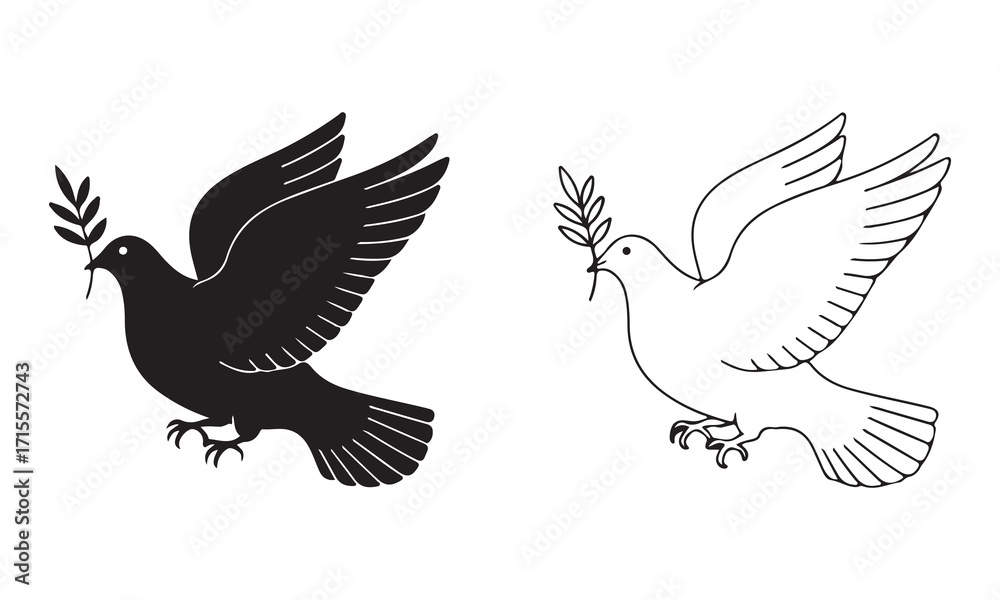 Fototapeta premium Two Peaceful Doves Flying with Olive Branches Symbolizing Peace Hope and Harmony Black and White Conceptual Design