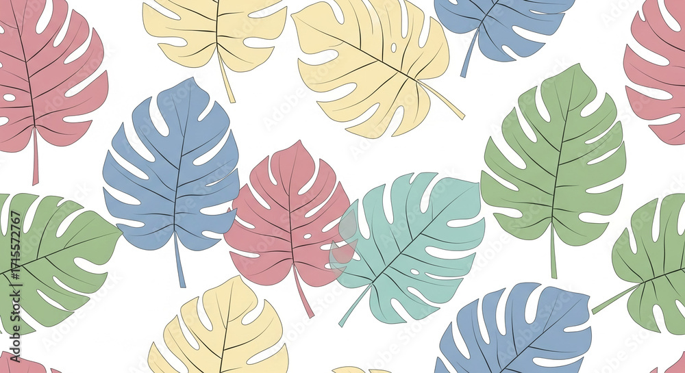 Fototapeta premium Colorful Botanical Pattern of Monstera Leaves for Textile Design and Wallpaper