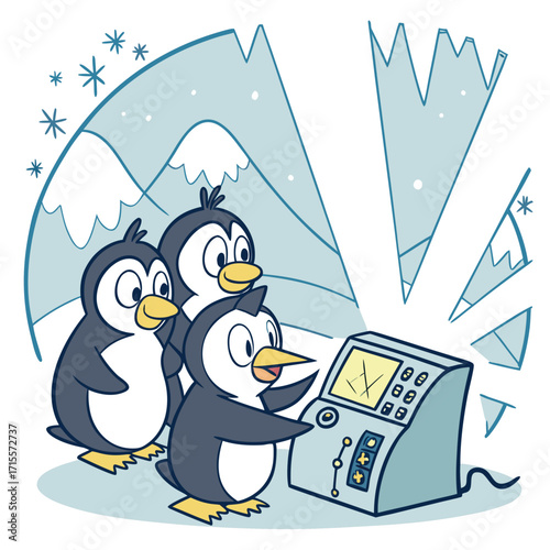 Vector art of three adorable penguins are gathered around a machine in a snowy mountain landscape, creating a whimsical and playful scene filled with curiosity and wonder