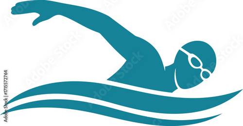 Dynamic teal silhouette swimmer freestyle stroke over stylized aqua waves icon vector