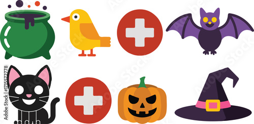 Halloween Icon Set Cartoon Flat Vector Illustration with Pumpkin, Witch Hat, Bat, Cat, and Cauldron