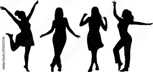 Joyful silhouettes of four women dancing celebrating freedom and happiness in motion vector