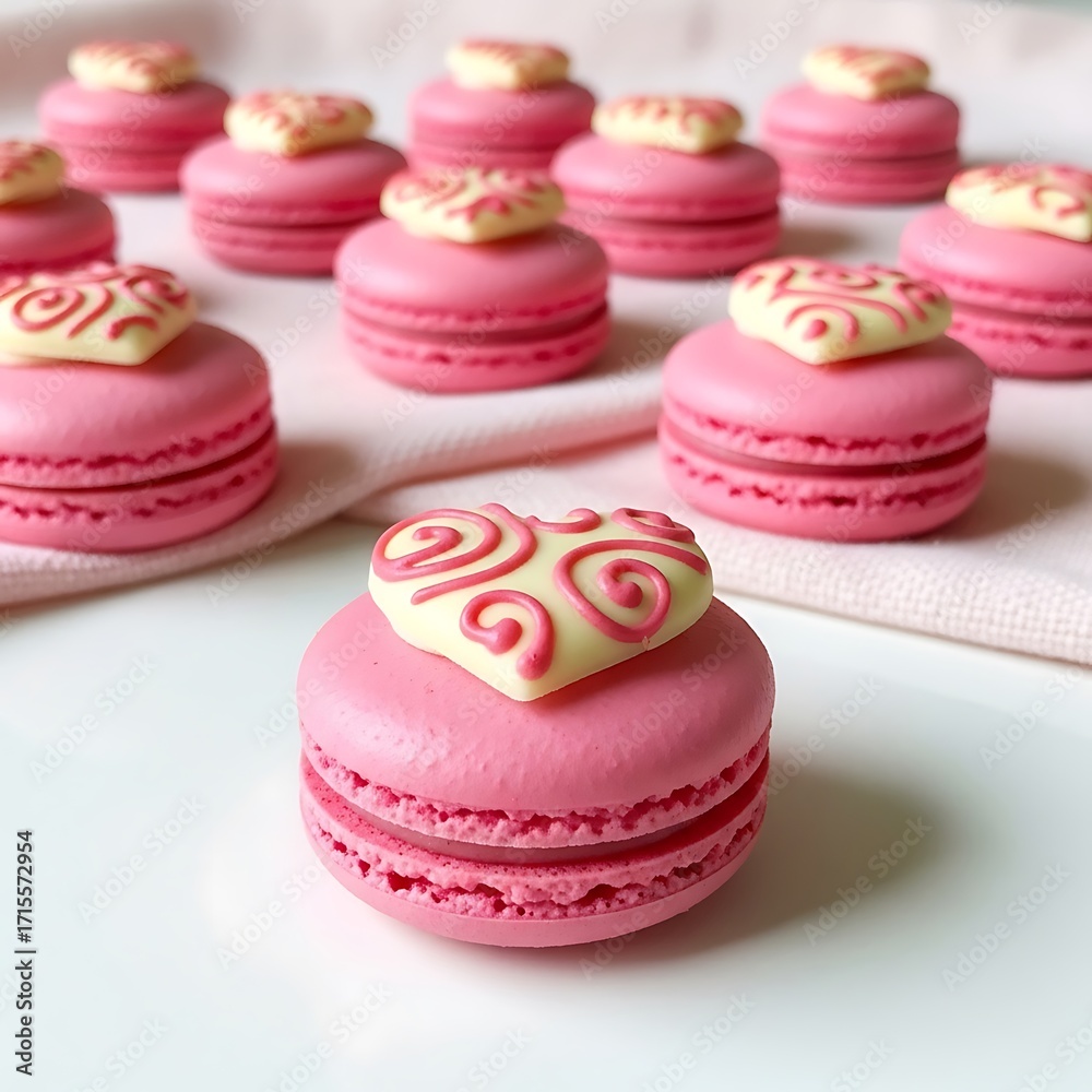 Obraz premium Delicate pink macarons, adorned with intricate white heart designs, are displayed beautifully on a white surface.
