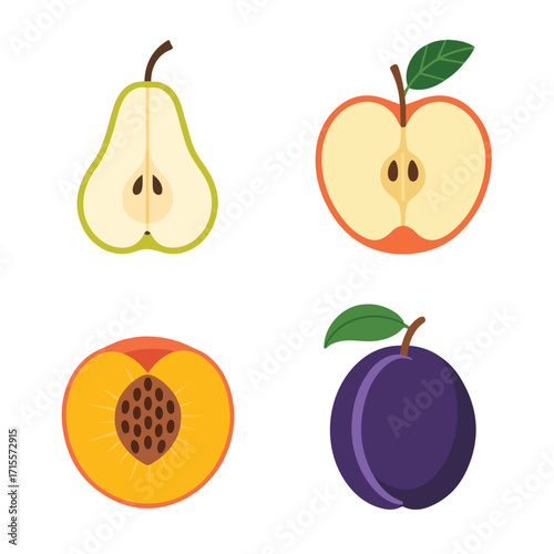 Halved fruits, including apple, pear, plum, peach