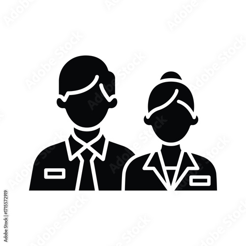 Company staff icon. Simple solid style. Man and woman in uniform, worker, employee, couple, official business representatives concept. Silhouette, glyph symbol. Isolated design.