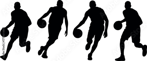 Dynamic basketball player silhouettes action dribbling sports graphic design vector