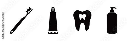 Set of various dental and oral hygiene silhouettes, including a toothbrush, toothpaste, and tooth. Black and white vector illustrations.