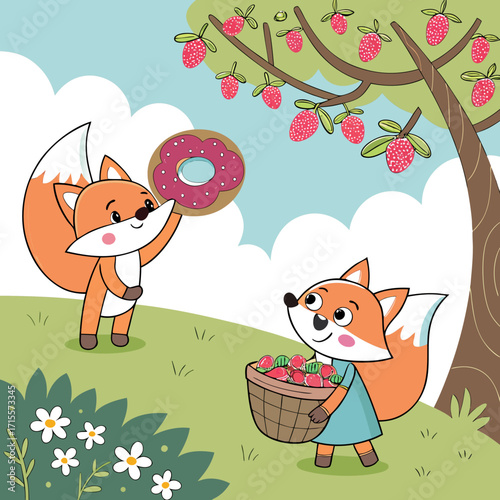 Vector art of two charming cartoon foxes are having a delightful time in a strawberry field, one holding a donut and the other carrying a basket full of strawberries under a strawberry tree