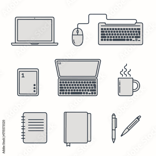 Office equipment, including laptop, mouse, keyboard