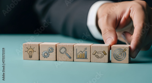 Business strategy blocks align for success, innovation, growth, and goals