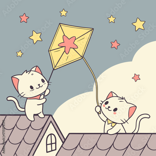 Vector art of two cute cats fly a kite among the stars, symbolizing joy, friendship, and the simple pleasures of childhood, evoking a sense of whimsy and carefree adventure