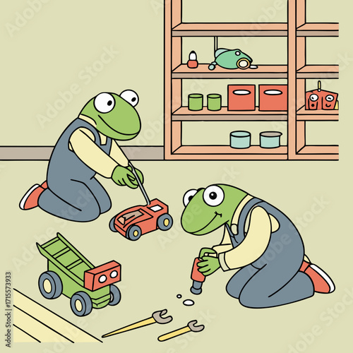 Vector art of two industrious frog mechanics, clad in overalls, diligently repair toy cars and a lawnmower in a cozy room, showcasing a scene of craftsmanship and playful creativity indoors