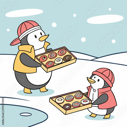 Vector art of two penguins in caps and vests deliver boxes of donuts in a snowy landscape, creating a sweet and charming scene