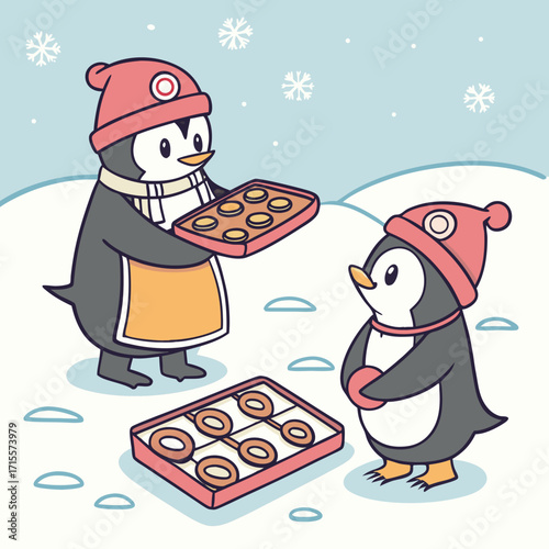 Vector art of two penguins in winter hats prepare and serve donuts in a snowy setting, creating a delightful and heartwarming scene
