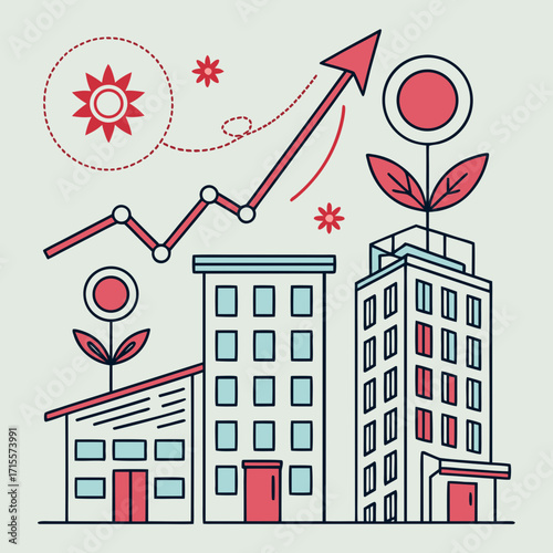 Illustration of buildings with an upward trend line, sun, and plants, represents growth, success, and prosperity in business and real estate markets