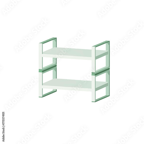 Three-dimensional rendering of a mint green metal shelving unit with two shelves against a white background.