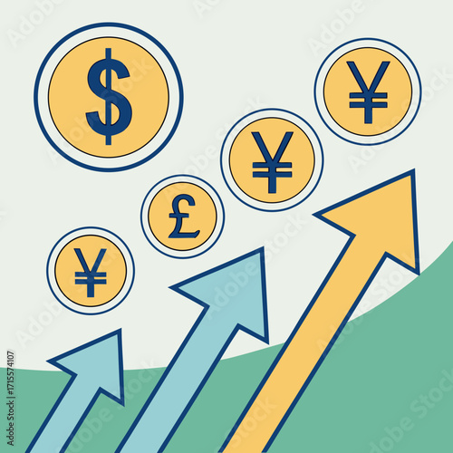 Vector art of financial growth illustration with dollar, yen, and pound coins pointing upwards, symbolizing market success and investment returns with a clean, modern design
