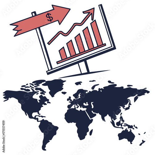 Vector art of global financial growth concept illustration with graph on world map, symbolizing international market expansion and success