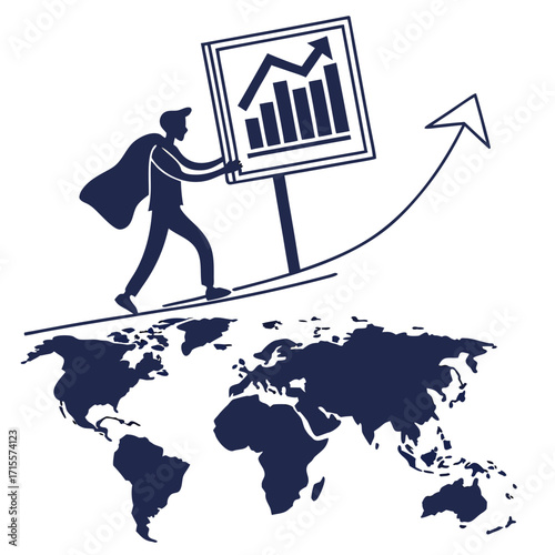 Vector art of global business growth concept illustration with man carrying graph on world map, symbolizing international market expansion and success