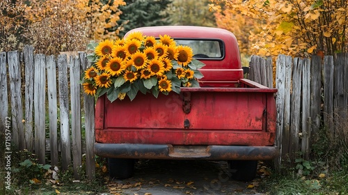 Red vintage truck laden with sunflowers autumn harvest scenic countryside