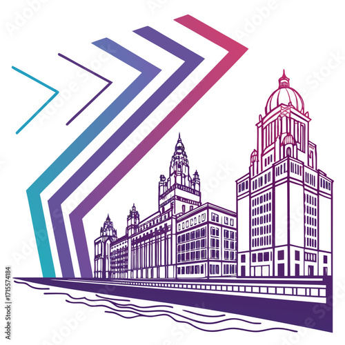 Vector art of liverpools iconic waterfront buildings, including the royal liver building, cunard building, and port of liverpool building, are depicted in a vector illustration with gradient arrows